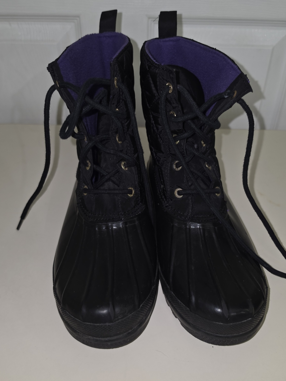 Sperry Black Quilted Lace-Up Winter Duck Boots with Purple Lining - Picture 3 of 10
